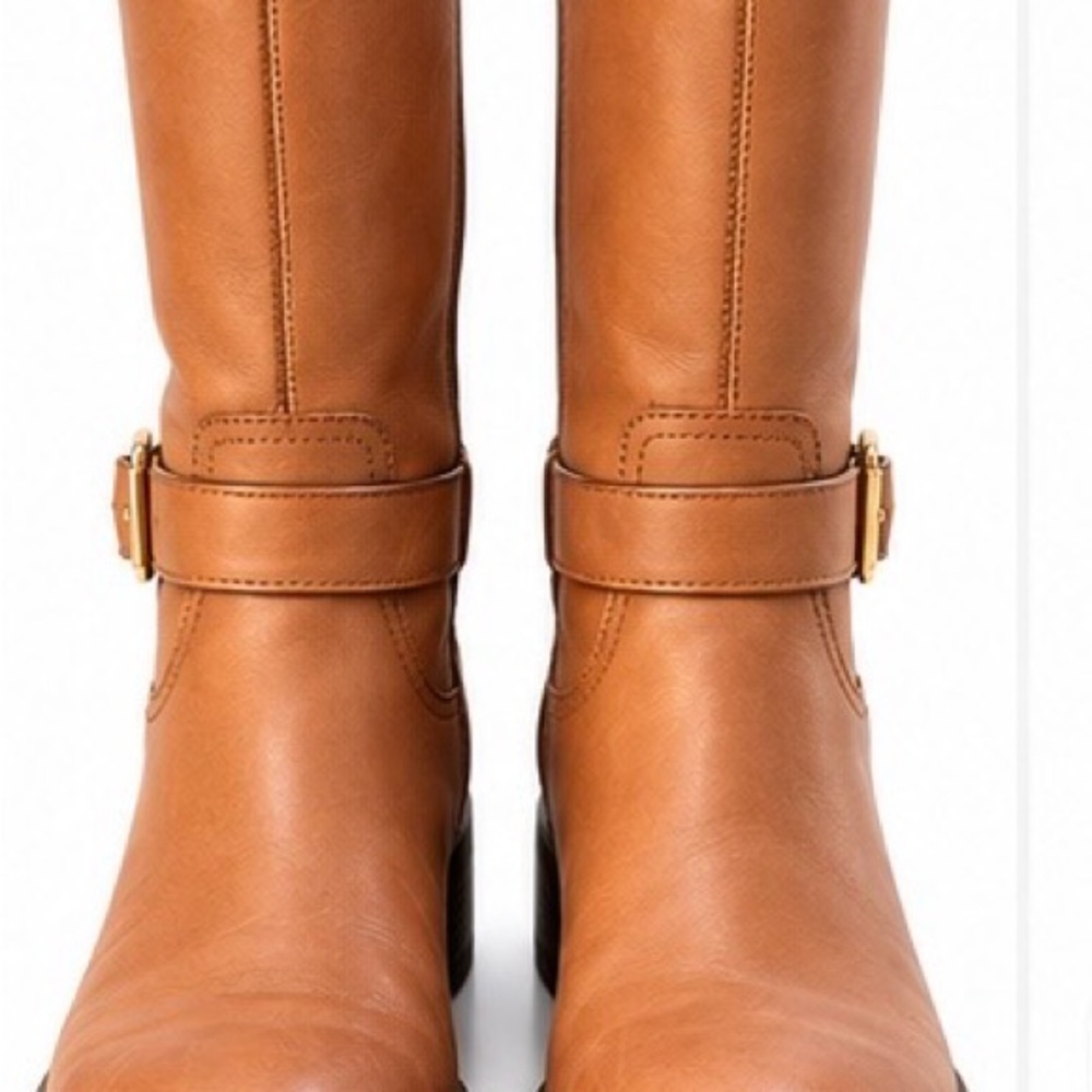 Coach Women's Cognac Leather Mid-Calf Riding Boots with Buckle